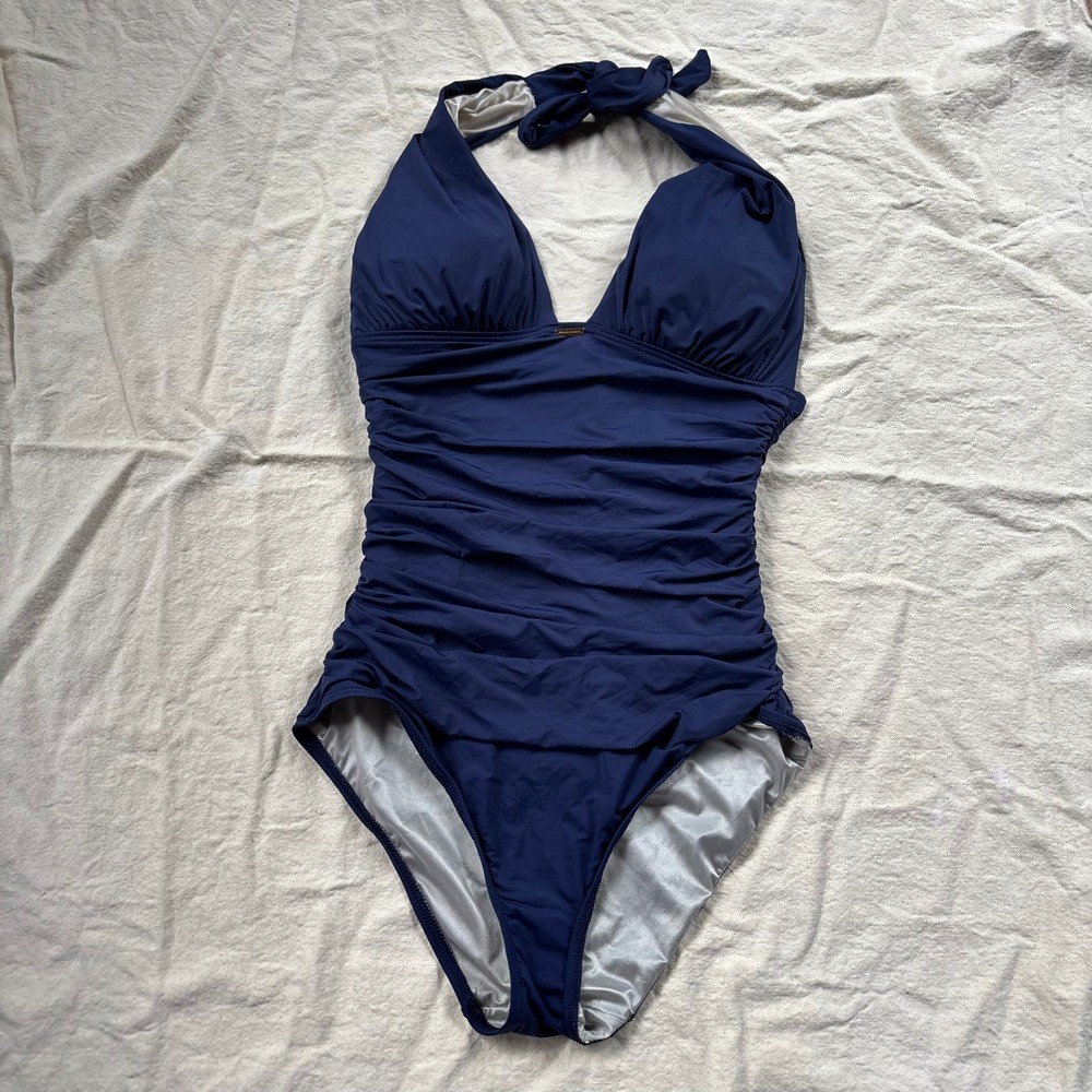 Victoria's Secret Navy Blue Ruched Halter One Piece Swimsuit Small Tummy Control